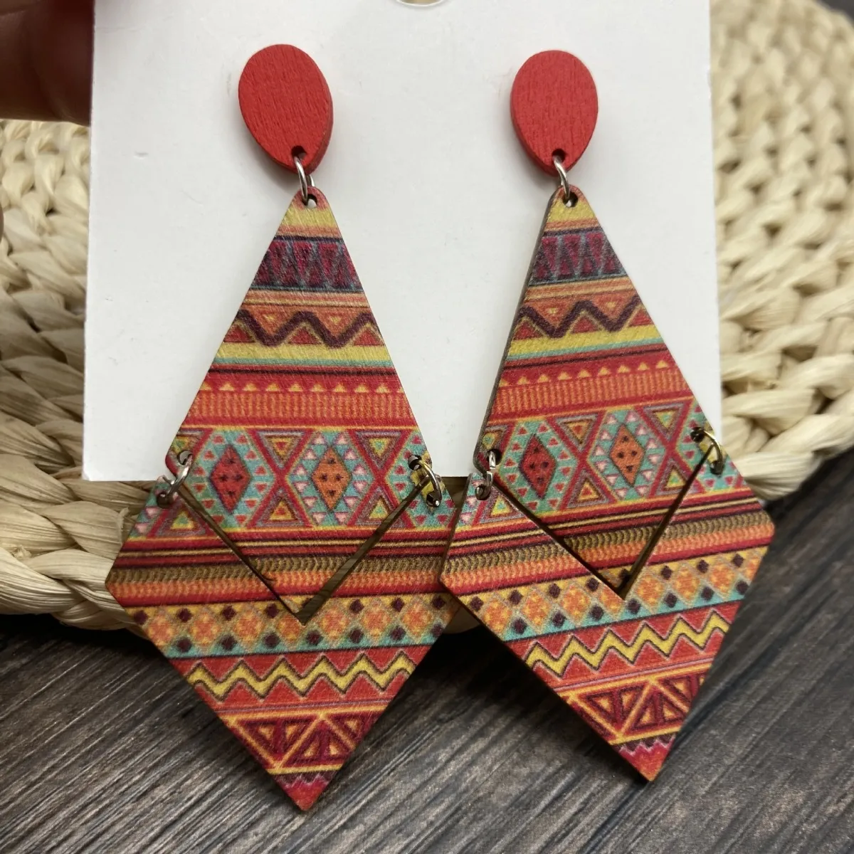 Bohemian Women Vintage Multicolor Wood Rhombus Earrings