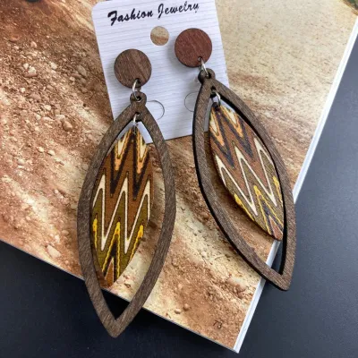 Bohemian Exaggerated Multicolor Vintage Wood Leaf Earrings