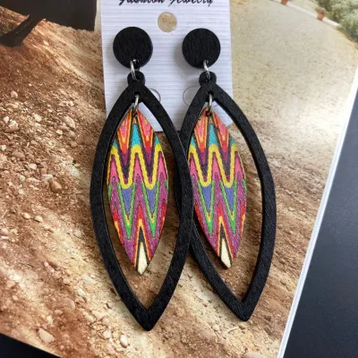 Bohemian Exaggerated Multicolor Vintage Wood Leaf Earrings