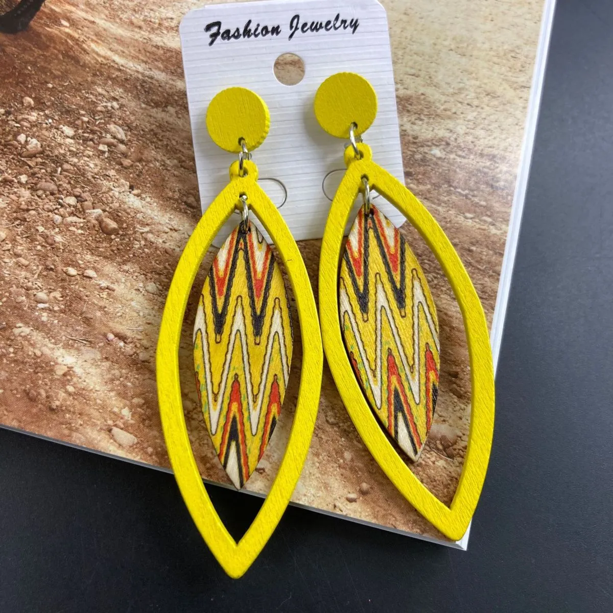 Bohemian Exaggerated Multicolor Vintage Wood Leaf Earrings