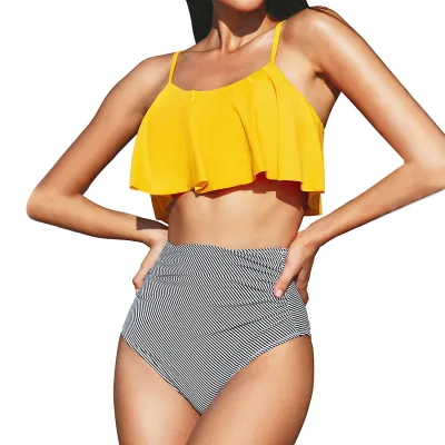 Summer Women Sexy Sling Belt Ruffled Tankini Swimsuit Stripe Print Set