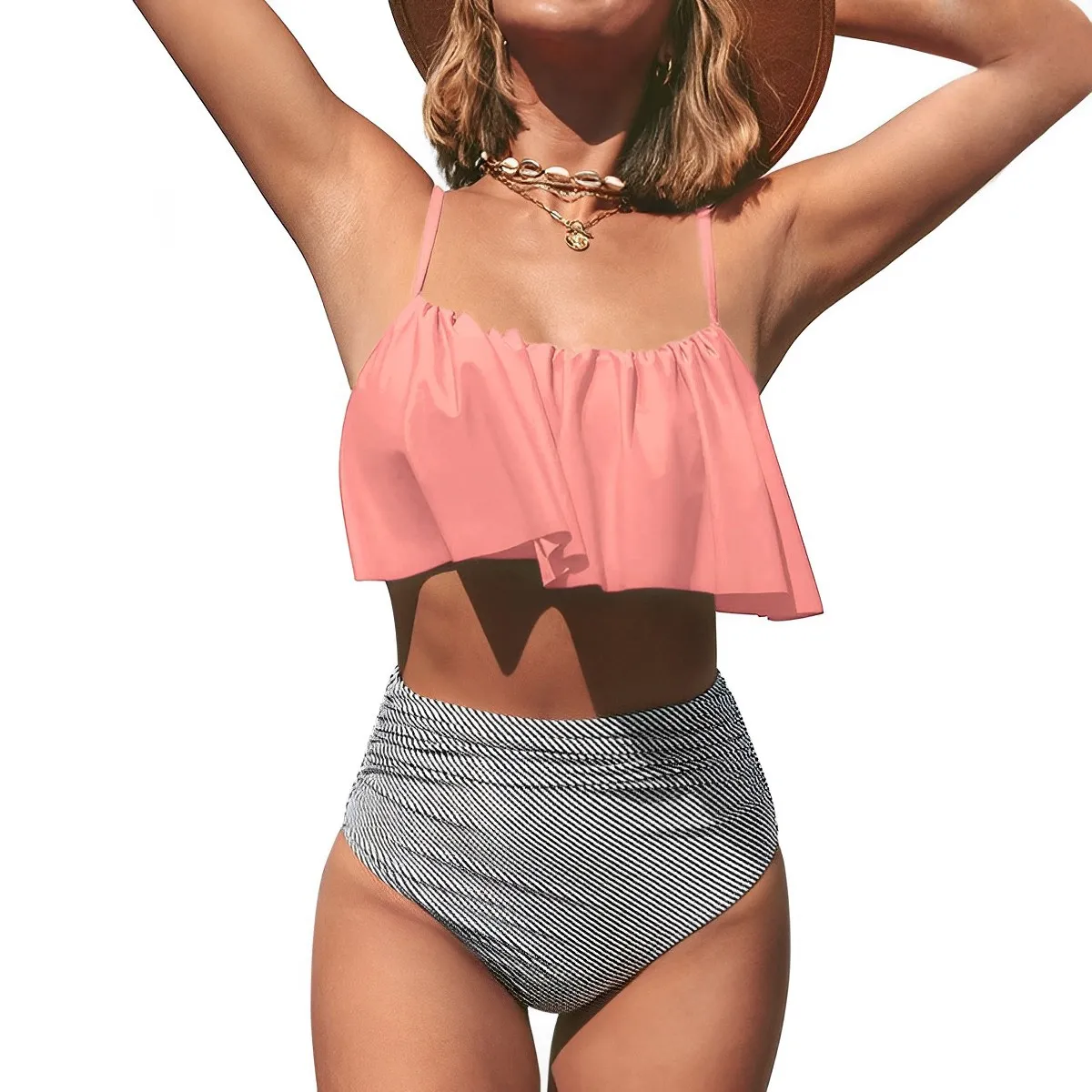 Summer Women Sexy Sling Belt Ruffled Tankini Swimsuit Stripe Print Set