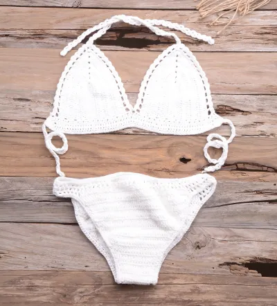 Summer Women Sexy Vacation Beach Knitted Hollow Bikini Swimsuit Set