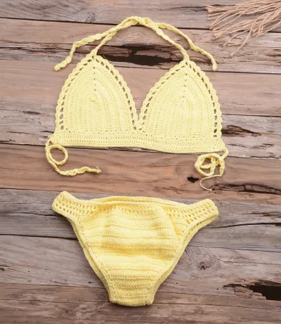 Summer Women Sexy Vacation Beach Knitted Hollow Bikini Swimsuit Set