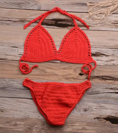 Summer Women Sexy Vacation Beach Knitted Hollow Bikini Swimsuit Set