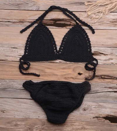 Summer Women Sexy Vacation Beach Knitted Hollow Bikini Swimsuit Set