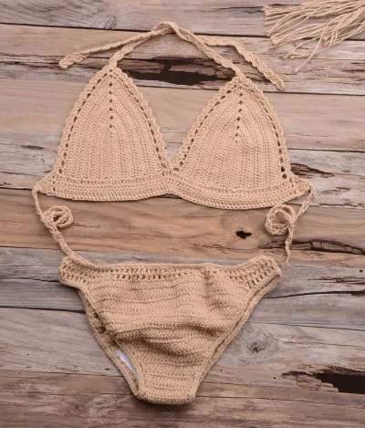 Summer Women Sexy Vacation Beach Knitted Hollow Bikini Swimsuit Set