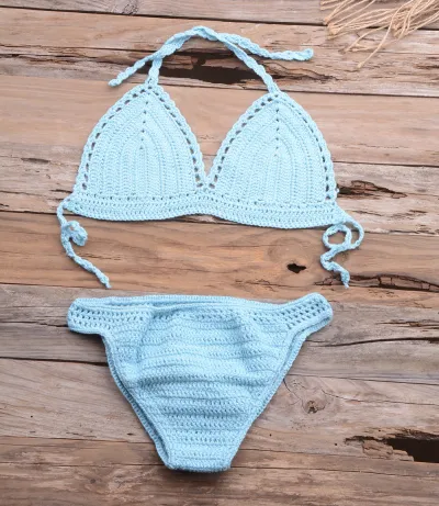 Summer Women Sexy Vacation Beach Knitted Hollow Bikini Swimsuit Set