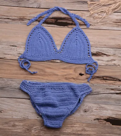 Summer Women Sexy Vacation Beach Knitted Hollow Bikini Swimsuit Set