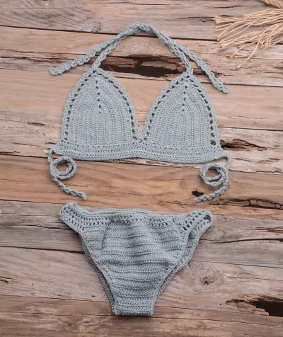 Summer Women Sexy Vacation Beach Knitted Hollow Bikini Swimsuit Set