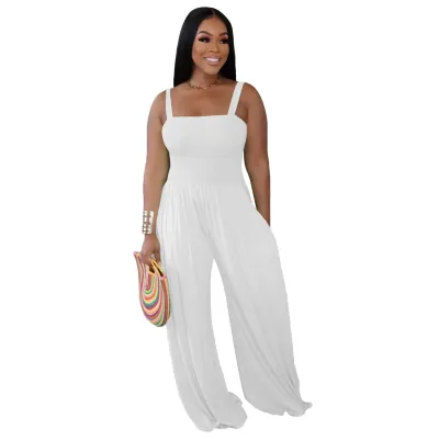 Summer Women Casual Solid Color Sling Wide Leg Jumpsuits