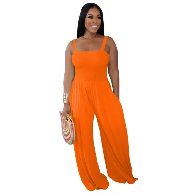 Summer Women Casual Solid Color Sling Wide Leg Jumpsuits