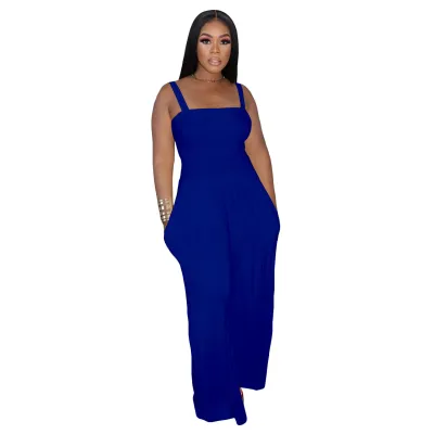 Summer Women Casual Solid Color Sling Wide Leg Jumpsuits