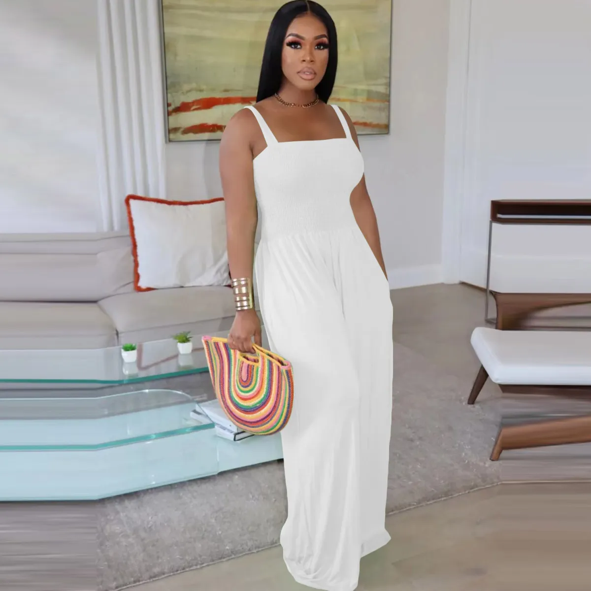 Summer Women Casual Solid Color Sling Wide Leg Jumpsuits