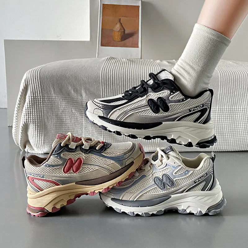 Women Fashion Casual Color Block Tie Round Toe Thick-Soled Sneaker