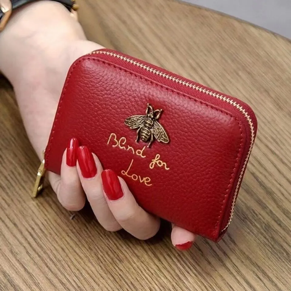 Women's Fashion Simple Bee Letter Decorative Multi-Card Zipper PU Leather Wallet