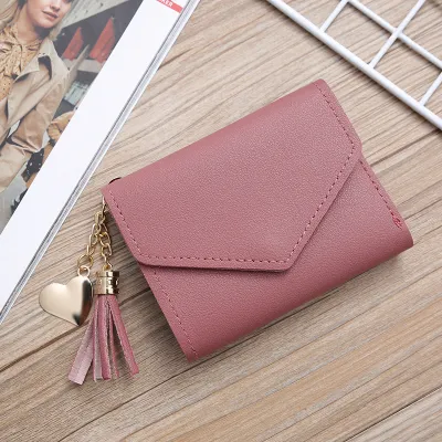Women's Fashion Simple Solid Color Tassel Pendant Three-Fold Wallet