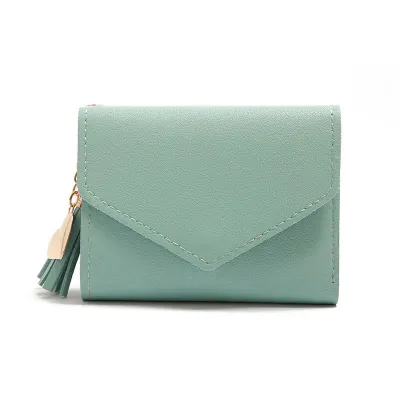 Women's Fashion Simple Solid Color Tassel Pendant Three-Fold Wallet