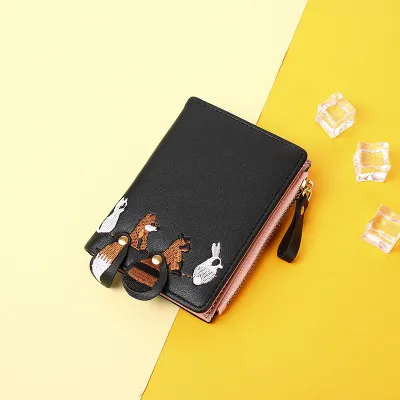 Women Fashion Cute Cartoon Animal Embroidered Folding Mini Wallet