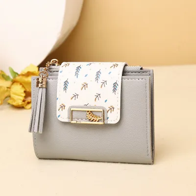 Women's Fashion Leaf Print Tassel Pendant Square Mini PU Wallet