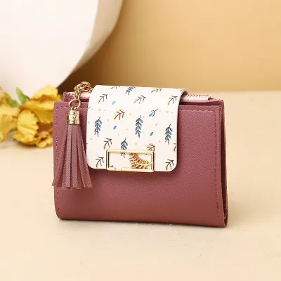 Women's Fashion Leaf Print Tassel Pendant Square Mini PU Wallet