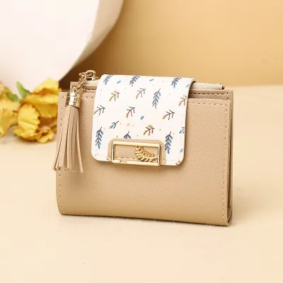 Women's Fashion Leaf Print Tassel Pendant Square Mini PU Wallet