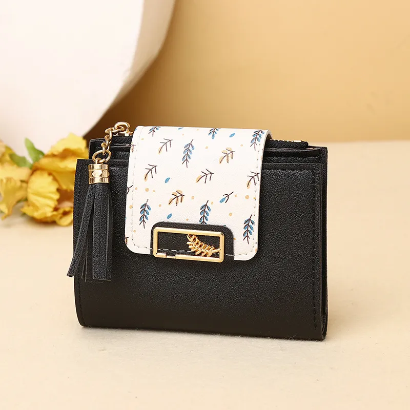 Women's Fashion Leaf Print Tassel Pendant Square Mini PU Wallet