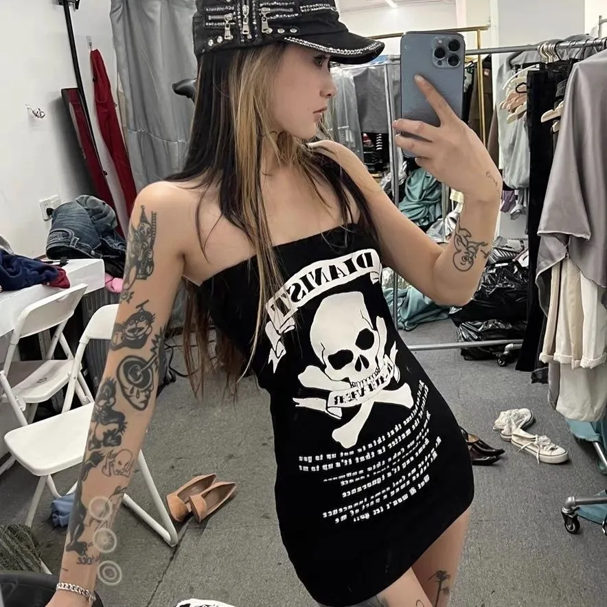 Gothic Women Sexy Skull Print Tube Bodycon Dress