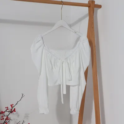 Summer Women Fashion Solid Color Bow Lace-Up Long Sleeve Crop Top