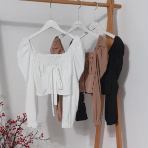 Summer Women Fashion Solid Color Bow Lace-Up Long Sleeve Crop Top