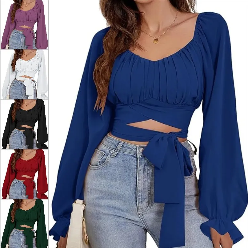 Summer Women Fashion Solid Color Cross Lace-Up Long Sleeve Crop Top