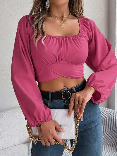 Summer Women Casual Solid Color Square Neck Lantern Sleeve Chiffon Crop Top
