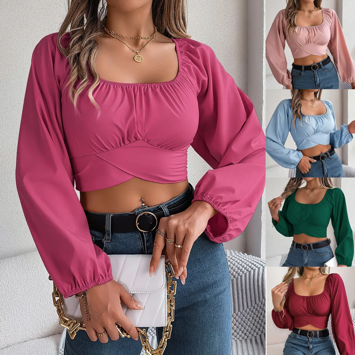 Summer Women Casual Solid Color Square Neck Lantern Sleeve Chiffon Crop Top