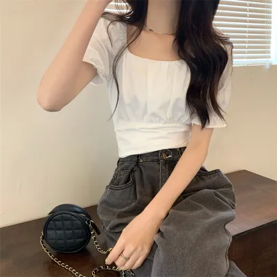 Summer Women Solid Color Back Bow Lace Crop Top