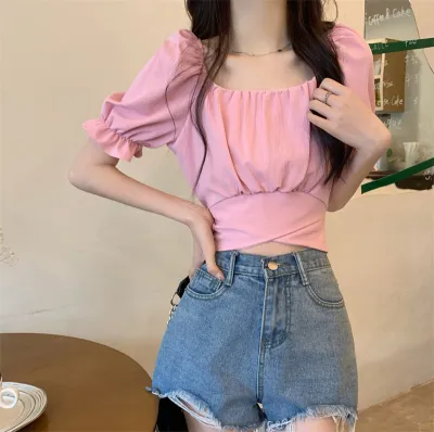 Summer Women Solid Color Back Bow Lace Crop Top