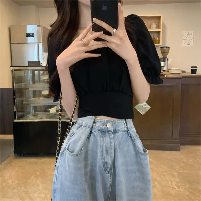 Summer Women Solid Color Back Bow Lace Crop Top