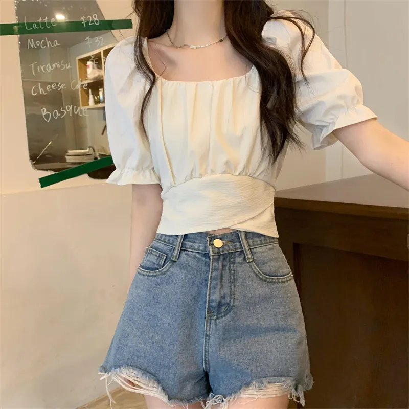 Summer Women Solid Color Back Bow Lace Crop Top