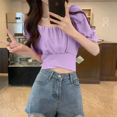 Summer Women Solid Color Back Bow Lace Crop Top