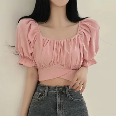 Summer Women Fashion Solid Color Square Collar Back Bow Lace Bubble Sleeve Crop Top