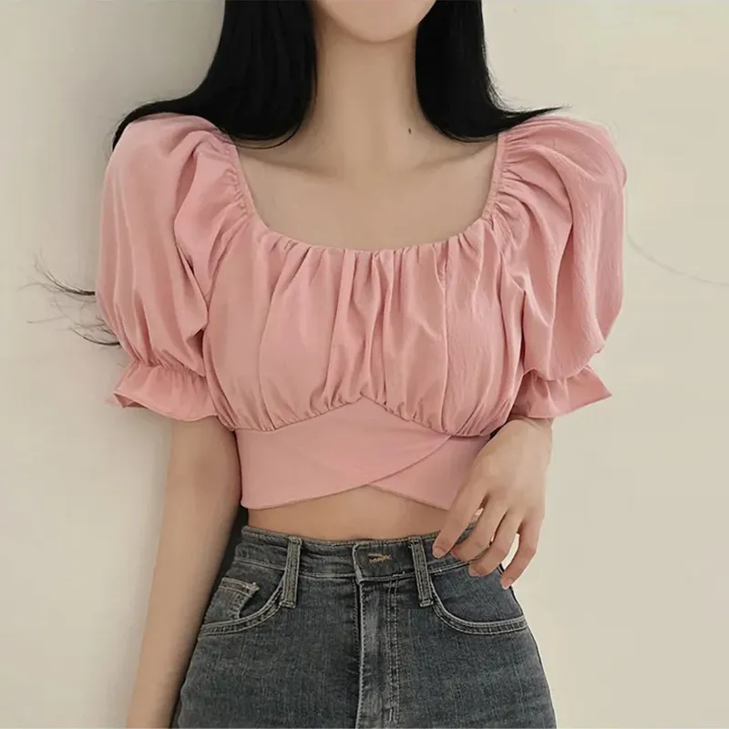 Summer Women Fashion Solid Color Square Collar Back Bow Lace Bubble Sleeve Crop Top