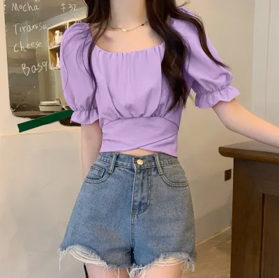 Summer Women Fashion Solid Color Square Collar Back Bow Lace Bubble Sleeve Crop Top