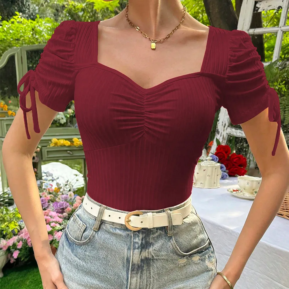 Summer Women Square Collar Short Sleeve Slim Blouse