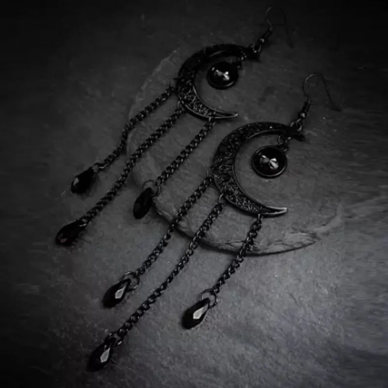 Gothic Halloween Black Moon Tassel Earrings For Women