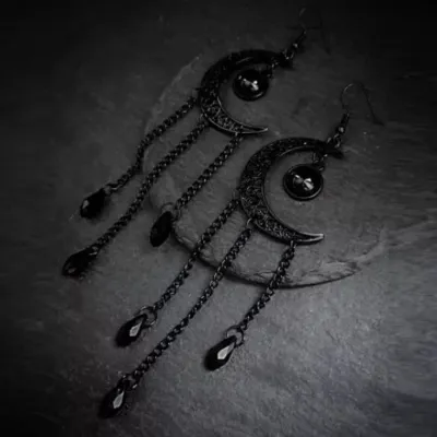 Gothic Halloween Black Moon Tassel Earrings For Women