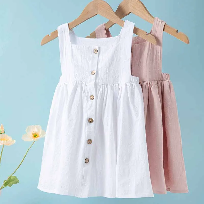 Kids Toddler Girls Summer Casual Cute Solid Color Sleeveless Square Neck Strap Princess Pleated Dress