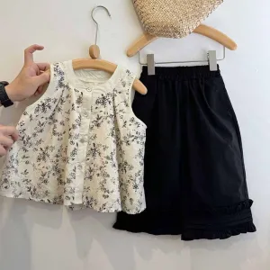 Kids Toddler Girls Summer Casual Cute Tiny Flower Print Sleeveless Top Solid Color Shorts Set