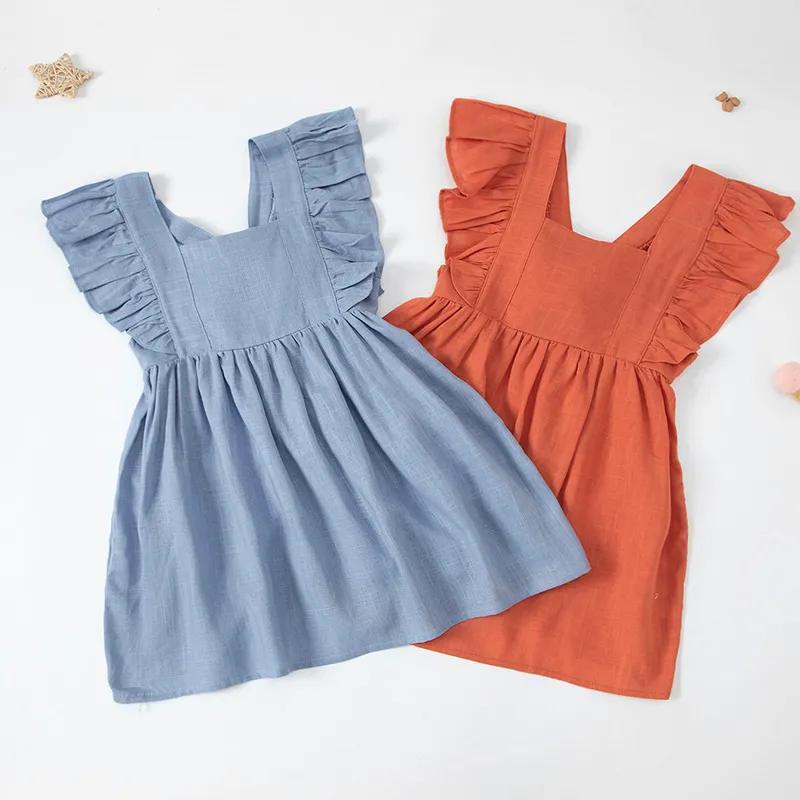 Kids Baby Girls Summer Casual Cute Basic Solid Color Linen Raglan Sleeve Ruffled Dress