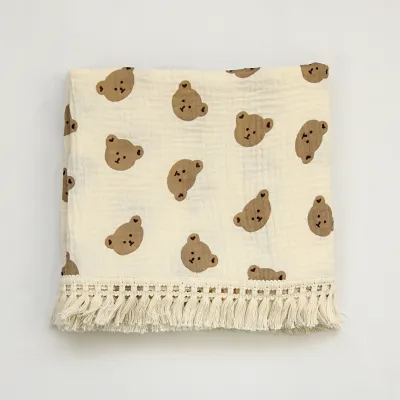Kids Newborn Basic Cartoon Bear Print Pure Cotton Bath Towel Swaddling