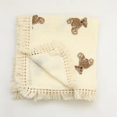 Kids Newborn Basic Cartoon Bear Print Pure Cotton Bath Towel Swaddling