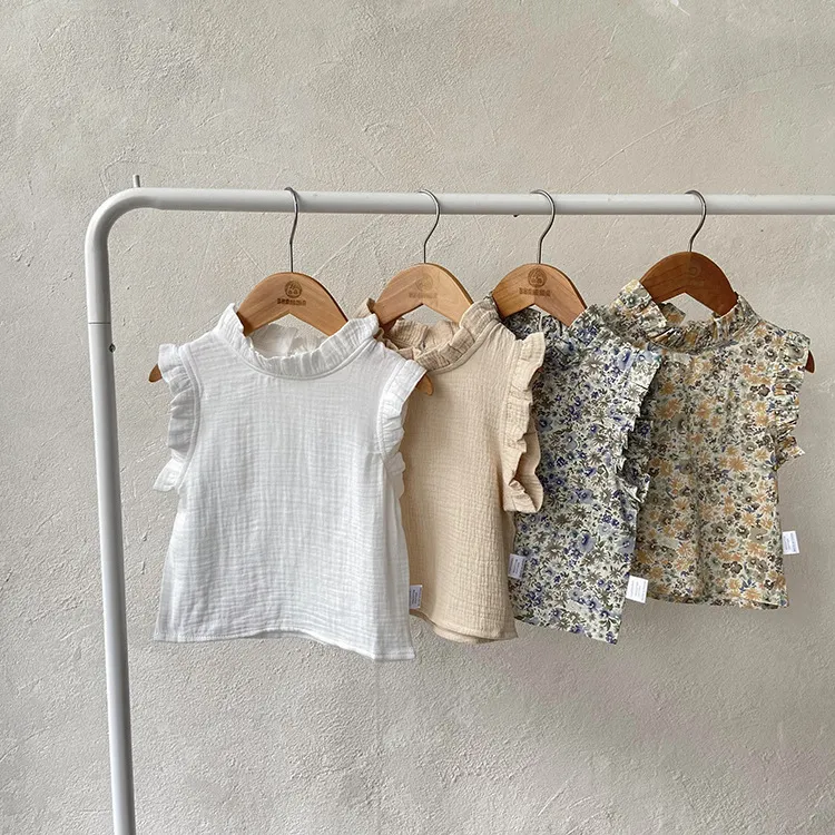 Kids Baby Girls Summer Casual Cute Tiny Flower Print Sleeveless Flounce Blouses